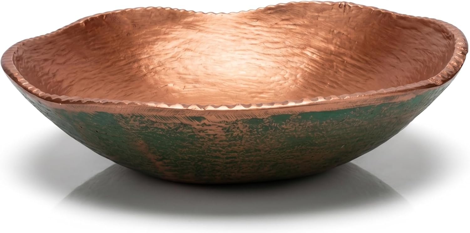 ANDALUCA Rustic Decorative Cast Metal Round Bowl 10 inch Copper Patina (Copper Turquoise)