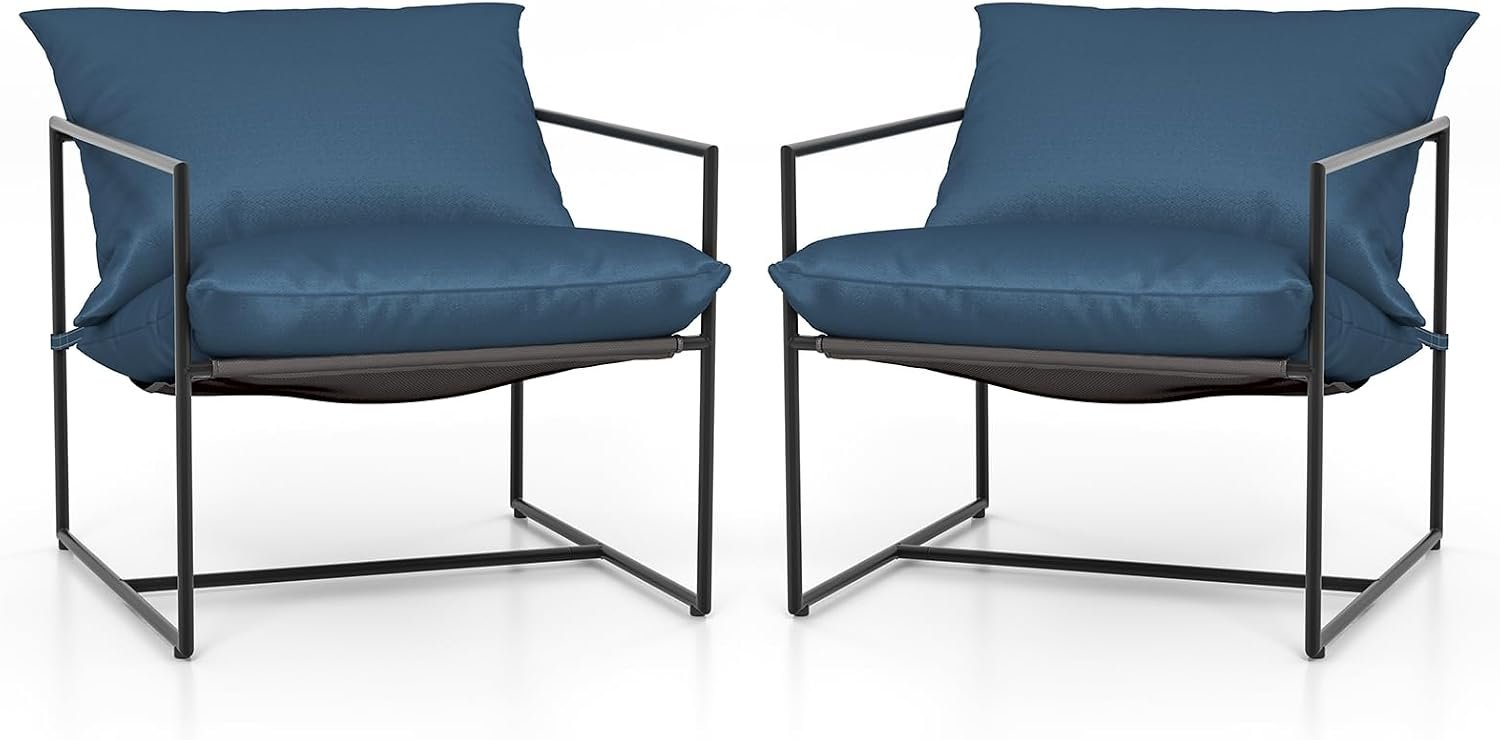 Tangkula Sling Accent Chair, Indoor Outdoor Leisure Chair with Seat & Back Cushions, Weatherproof Seat Fabric & Sturdy Metal Frame, Modern Ergonomic Lounge Chair for Living Room, Balcony (Navy)