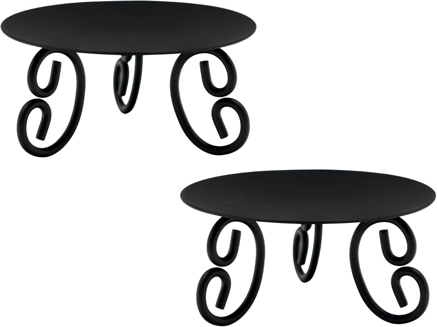 Hosley Set of 2 Black Iron Pillar Candle Holders – 5 Inch Heavy Duty Round Plate Stand with Scroll Feet for LED or Wax Candles – Rustic Farmhouse Table Centerpiece Decor for Wedding, Spa, Home Altar