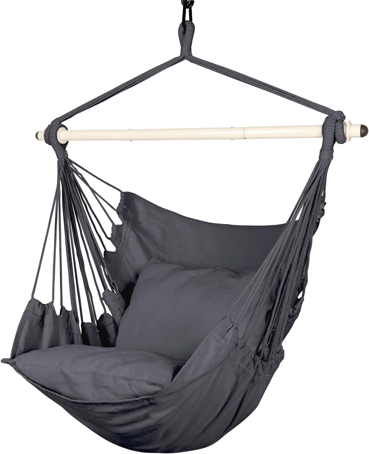 Highwild Hammock Chair Hanging Rope Swing – Max 500 Lbs – 2 Cushions Included – Steel Spreader Bar with Anti-Slip Rings – for Any Indoor or Outdoor Spaces (Grey)