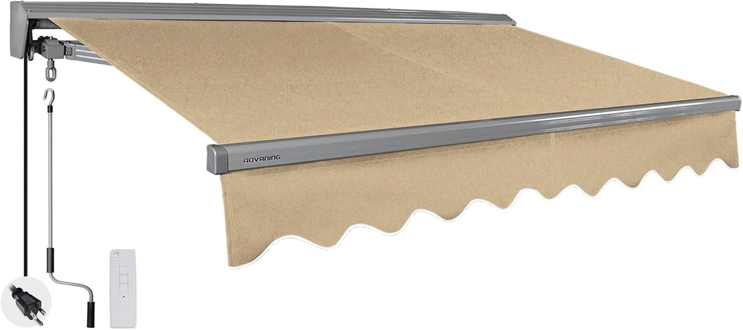 ADVANING Classic Series 16’X10′ Electric Retractable Awning, 100% Acrylic UV+ Sun Shade Canopy, Light Taupe (Solid), EA1610-A013H