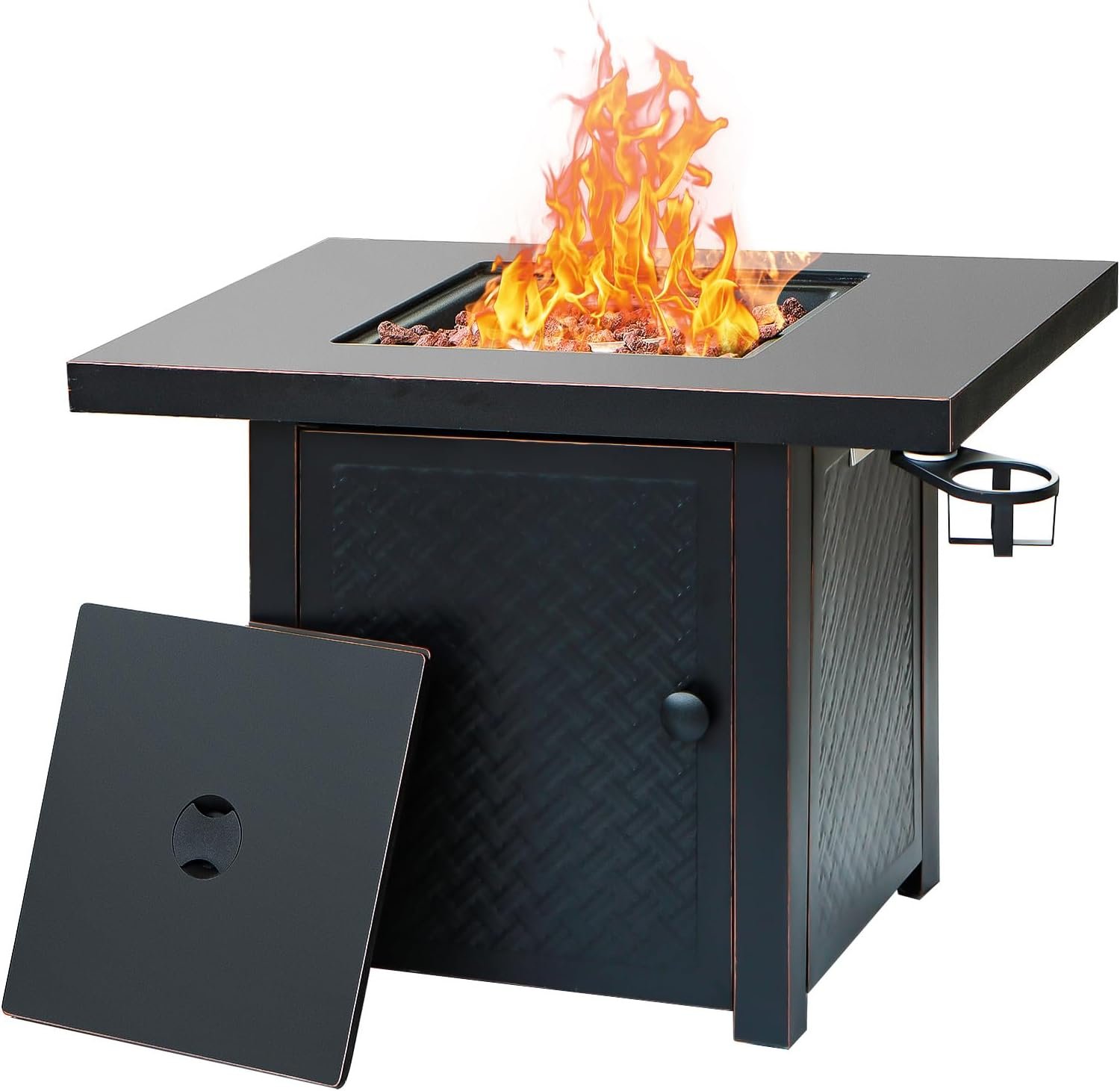 Verdeluxe 32” Propane Fire Pit,50000 BTU Gas Firepit Table with 2 Drink Holders, Lid & Lava Rock,Outdoor Fire Pit Table for Dining or Party,Propane Firepits for Outside,Patio,Yard