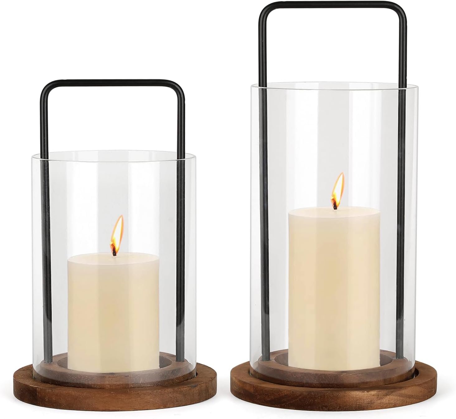 Glass Hurricane Candle Holder with Metal Handle and Wooden Base, Modern Home Decor, Set of 2 for Indoor Use, Medium 5.9″ x 7.5″ & 5.9″ x 9.48″