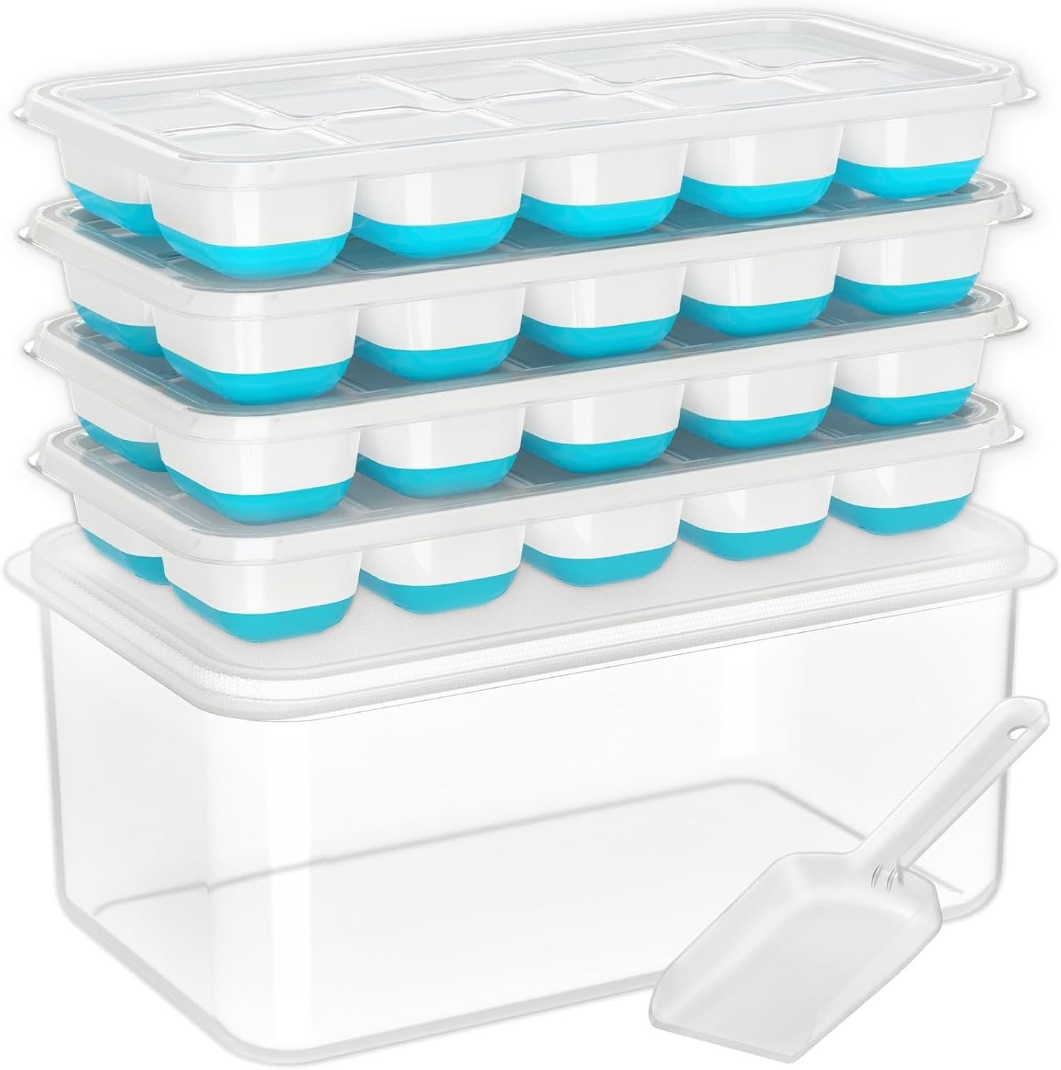 DOQAUS Ice Cube Tray with Lid and Bin – 4 Pack Silicone Ice Cube Trays for Freezer, Stackable Ice Bucket Kits with Storage Container & Scoop for Kitchen, RV, Cocktail, Coffee