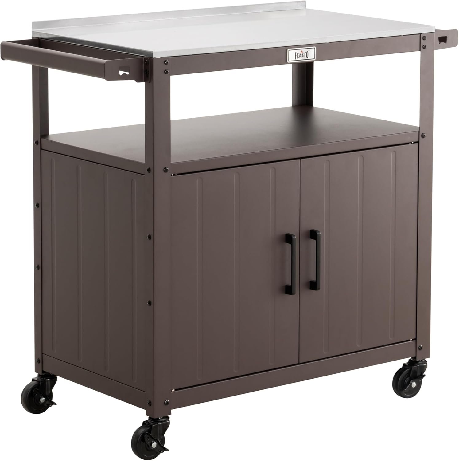 Feasto Outdoor Grill Cart w/Storage Cabinet, Stainless Steel Top, Brown | Movable Kitchen Island with Wheels, BBQ Food Prep