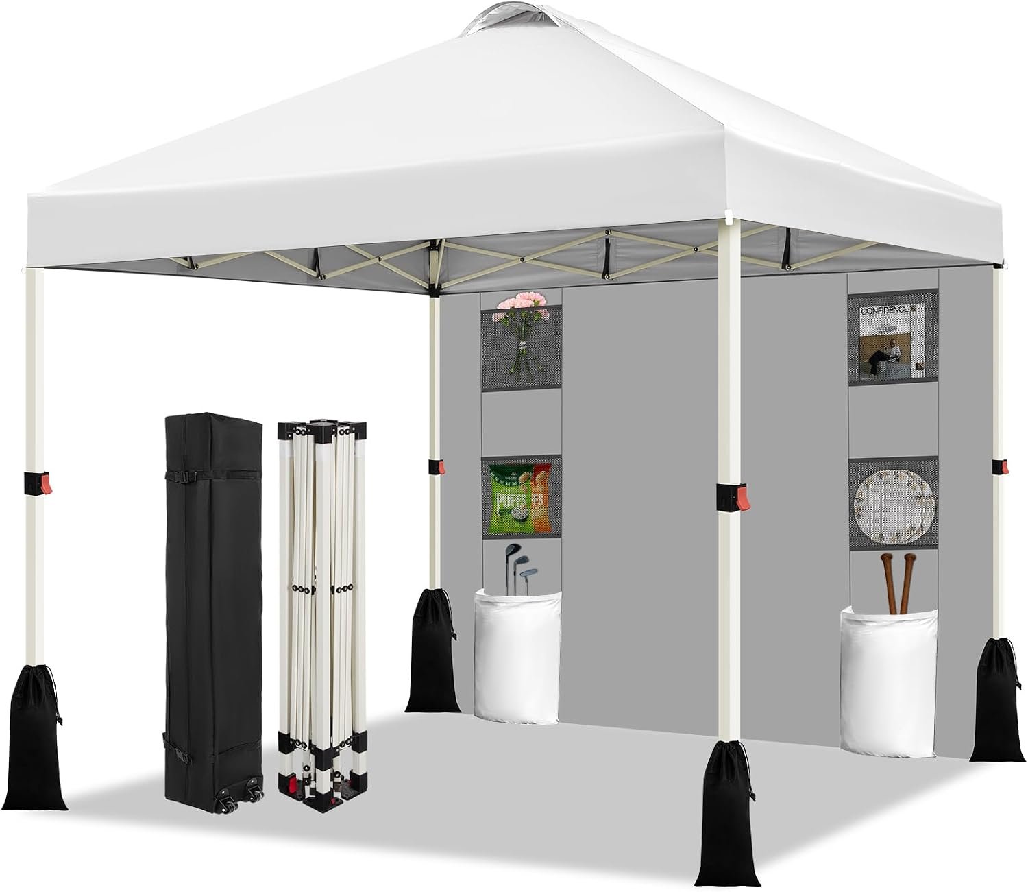WEIZE 10×10 Pop Up Canopy Tent, 1-Button Push Setup Canopy Tent with 1 Sidewall, Adjustable Height Instant Portable Shelter, Portable Roller Bag,Easy Outdoor Sun Shade for Events,4 Weight Bags,White