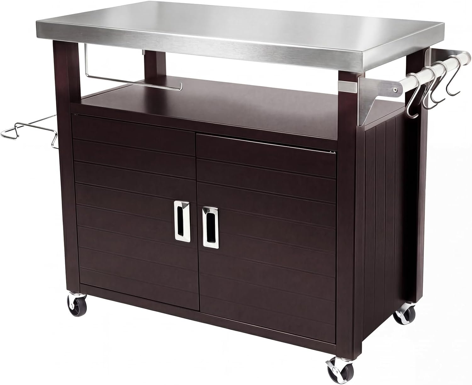 Outdoor Grill Cart with Stainless Steel Top & Large Storage Cabinet, Movable Kitchen Island with Wheels for BBQ Food Prep, Pizza Oven Stand 39″ x 20″ x 35″
