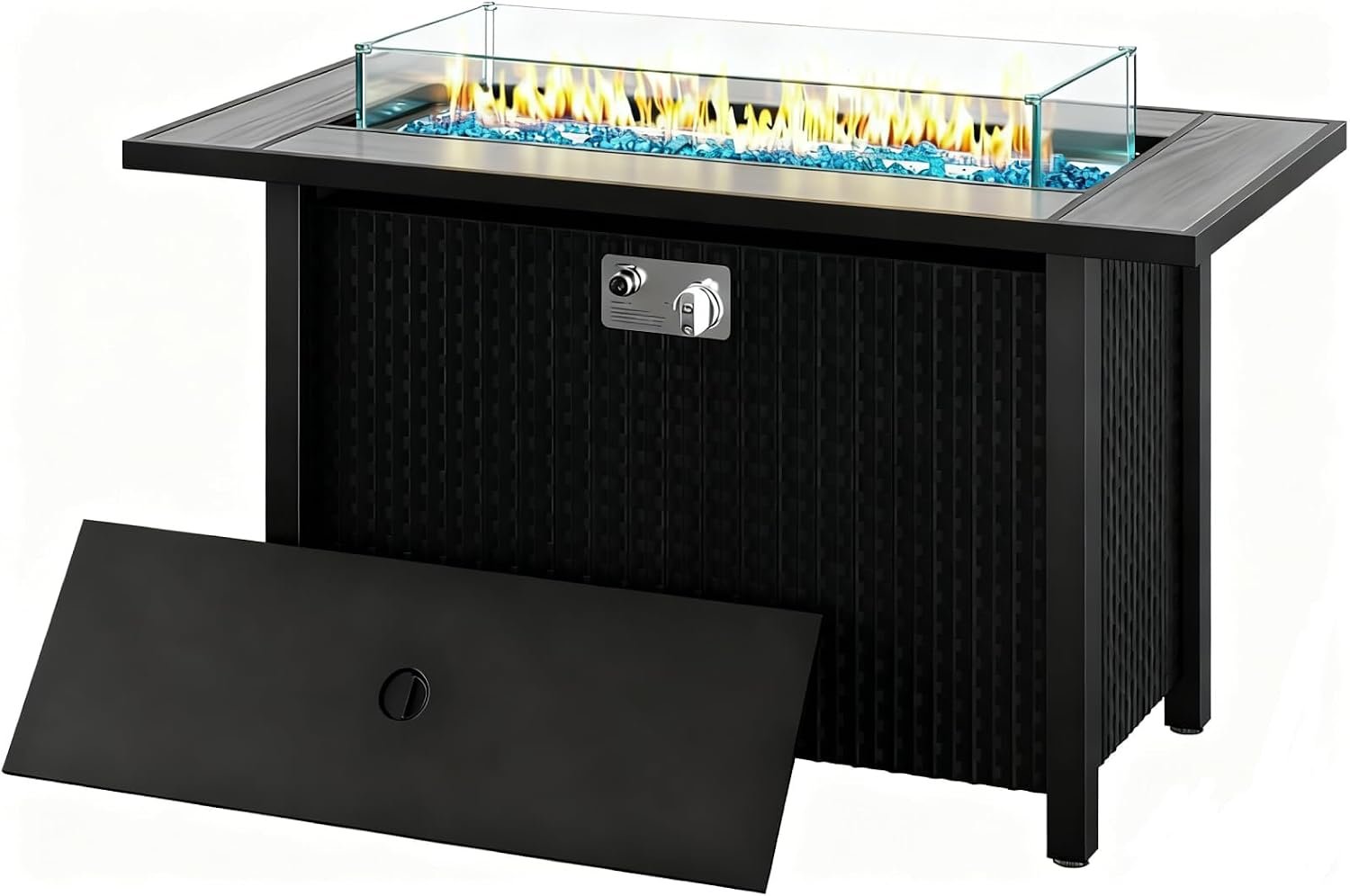 45 Inch Propane Fire Pit Table, 50,000 BTU Outdoor Gas Fire Pit for Patio & Backyard, 2-in-1 Firepit Dining Table with Glass Wind Guard, Blue Glass Rocks & Waterproof Cover