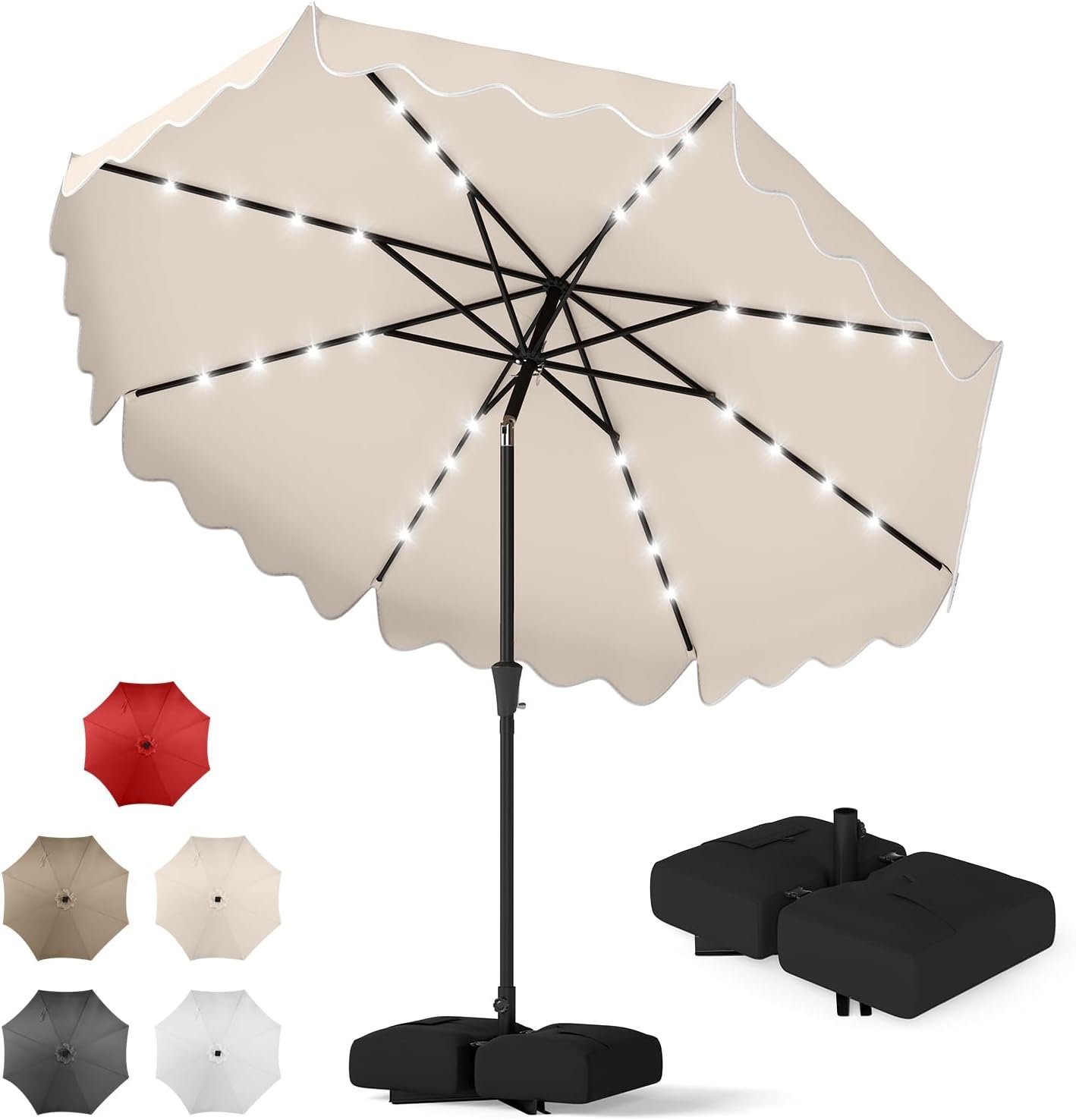 Tangkula 10 FT Solar Patio Umbrella with Base Included, 2-Tiers Outdoor Scalloped Table Umbrella with 32 LED Lights, 2 Sandbags, Tilt Adjustment, Crank, 8 Ribs for Market Backyard Pool Deck Beach Lawn (Beige, 10 FT)