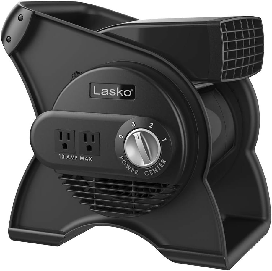 Lasko High Velocity Portable Utility Fan – Adjustable Air Mover Blower Fan for Bedroom, Office Desk, Garage, and Home – With 2 Outlets 120V – 3 Speeds – U12104 – 12″ Tall – Black