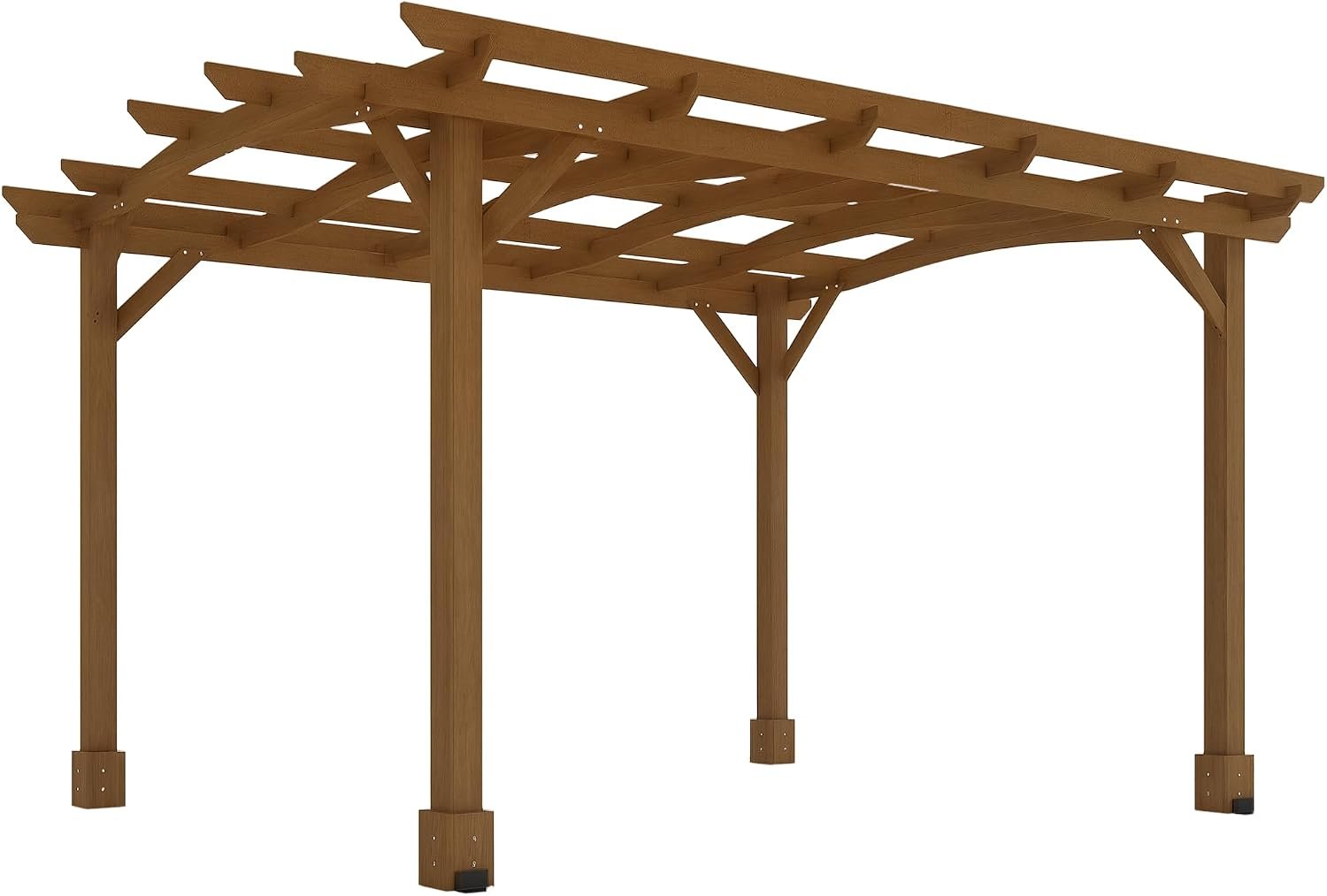 Outsunny 10′ x 12′ Outdoor Pergola with Arched Roof Wood Gazebo Dark Brown | Climbing Plant Support, Grape Trellis, Stable Structure, Concrete Anchors, Patio Garden Deck Backyard