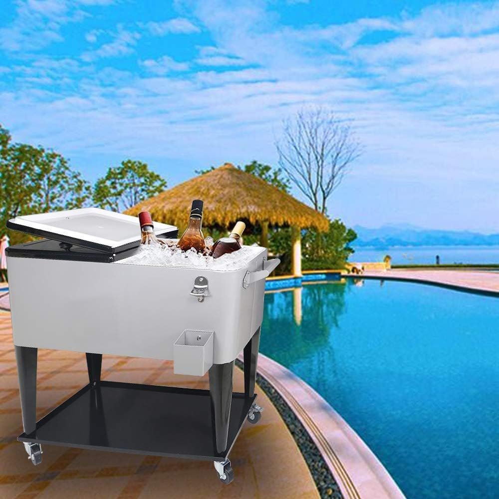 Portable Rolling Cooler Cart 80 Quart Ice Chest Cart Trolley Rolling Cooler with Wheels, Outdoor Beverage Ice Chest for Patio with Shelf, Water Pipe and Bottle Opener