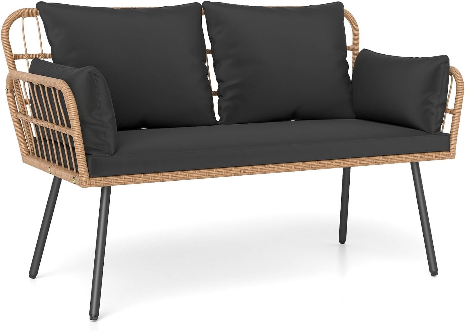 Tangkula Patio Wicker Loveseat, Outdoor 2-Seater PE Rattan Sofa with Pillows, Cushions, Metal Frame & Adjustable Foot Pads, 660 lbs Outside Couch for Porch, Backyard & Poolside (Black, 50.5″ L)