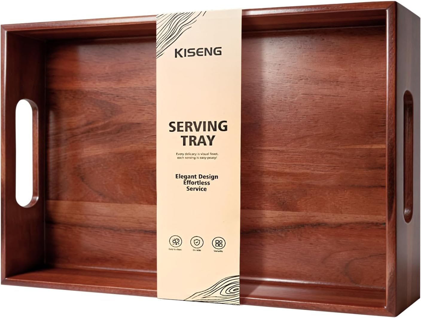 17 x 12 Inch Acacia Wood Large Serving Tray with Handles | Multi-use Tray for Coffee Table, Ottoman, Bed Breakfast, Included Free Leather Mat