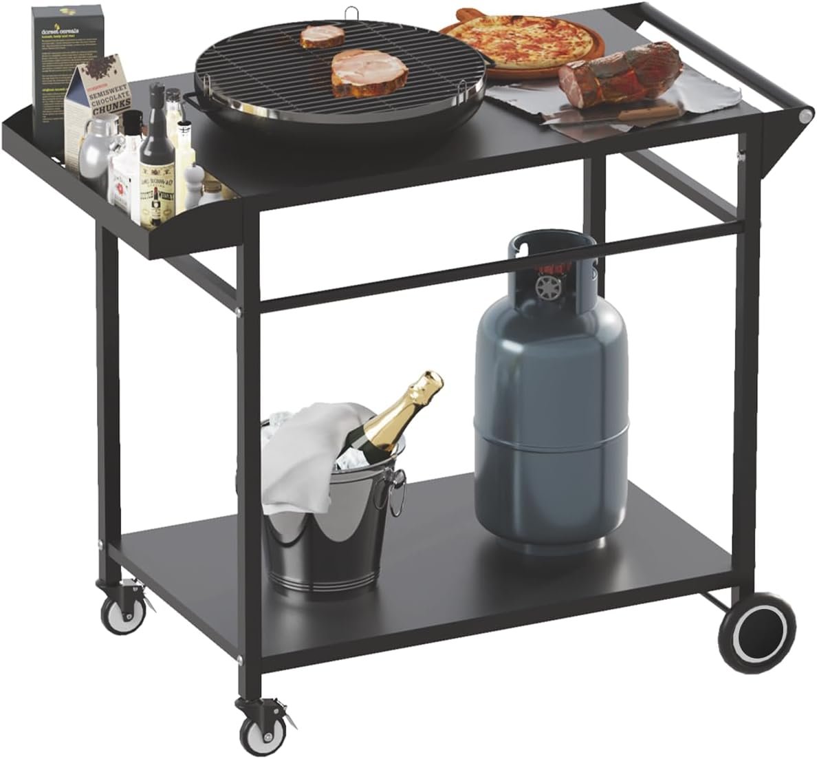 Koutemie Outdoor Grill Cart Table with 4 Wheels for Blackstone 17″ or 22″, Movable BBQ Food Prep Table Top, Double-Shelf Metal Pizza Oven Worktable with Spice Tray for Patio, Backyard, Black