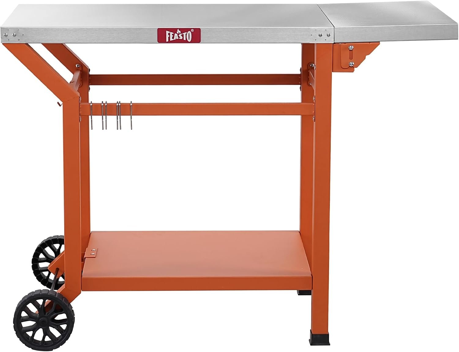 Feasto 43″ Lx20 W Grill Table with Folding Side Table & Undershelf, Orange | Stainless Steel Tabletop, Foldable Side Shelf, Sturdy Undershelf, for Pizza Ovens, BBQ Grills, & Prep Work (Hooks Included)