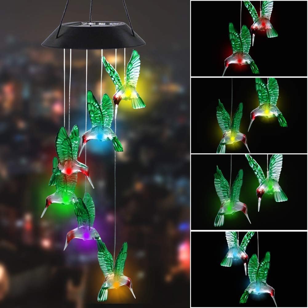 MorTime LED Solar Hummingbird Wind Chime, 25″ Mobile Hanging Wind Chime for Home Garden Decoration, Automatic Light Changing Color(Hummingbird)