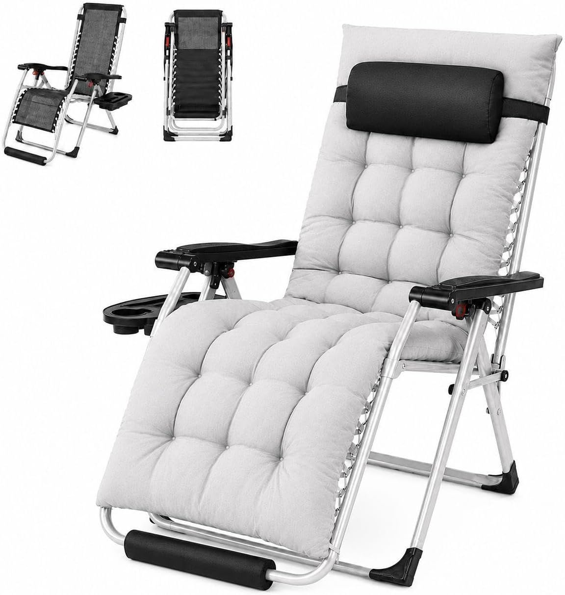 Yaheetech 26″ Zero Gravity Chair Adjustable, with Removable Cushion, Gray | Folding Reclining Lounge Recliner with Removable Headrest & Side Cup Holder Tray for Indoor and Outdoor