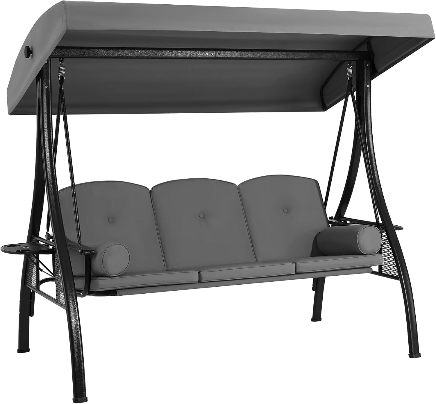 HOMREST 3 Seat Outdoor Porch Swing with 1.5″ Deepened Cup Holder, Adjustable Canopy, Patio Swing Bed with Stand, Patio Glider Swing with Thicken Cushions, Pillow for Yard, Garden(Grey)
