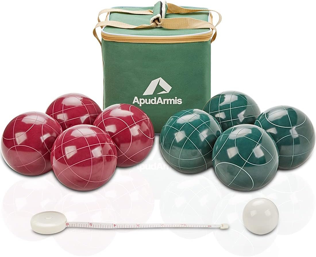 ApudArmis 107mm Bocce Balls Set, Outdoor Tournament Bocce Game for Backyard/Lawn/Beach – Set of 8 Poly-Resin Balls & 1 Pallino & Nylon Carrying Case & Measuring Rope (Red and Green)