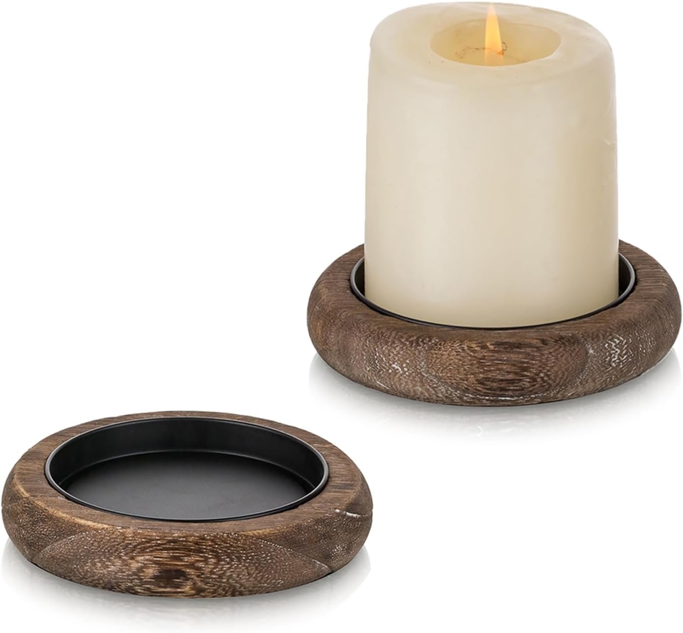 Romadedi Wood Candle Holder Farmhouse Decor – Pillar Candle Holders for Table Centerpiece Small Tray Riser Set of 2 Round Wooden Plate Pedestal Stand for Coffee Table Home Living Room, Brown