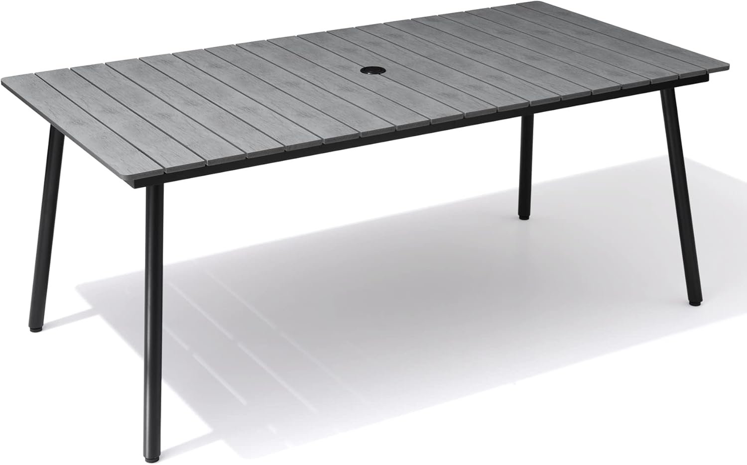 70″ Patio Outdoor Dining Table for 6, Weather-Resistant Aluminum Frame with Wood-Grain Top & Umbrella Hole for Deck Gatherings, Grey
