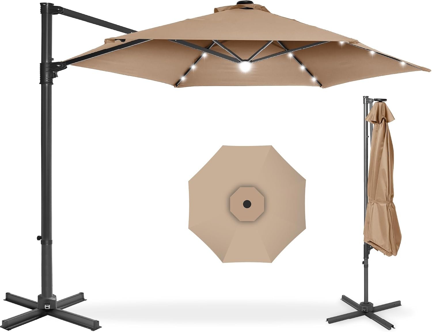 Best Choice Products 10ft Solar LED Offset Cantilever Hanging Market Patio Umbrella, Smooth 360° Rotation, 8 Sturdy Ribs, Easy Adjustment – Tan