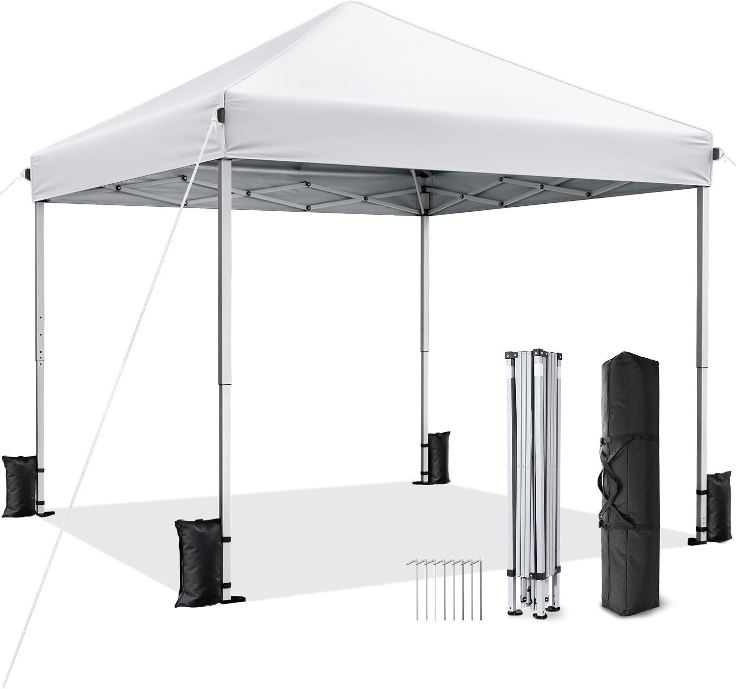 10×10 Pop Up Canopy, Portable Instant Canopy Tent with Carry Bag, 4 Sandbags and 8 Stakes for Outdoor Events, Parties & Camping – White