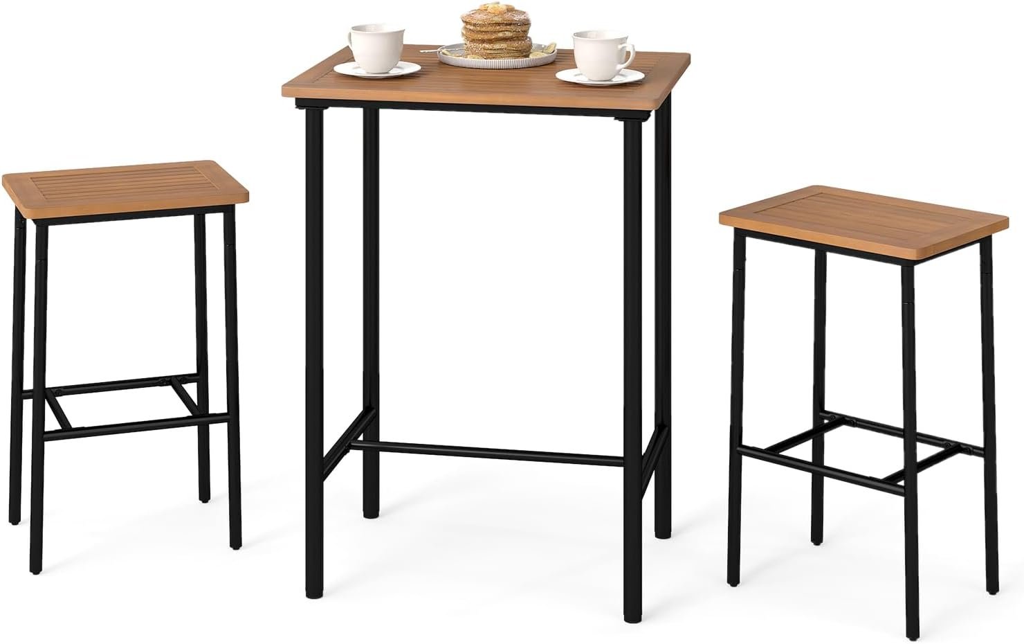 Tangkula 3 Pieces Acacia Wood Patio Bar Set, Space Saving Outdoor Bar Height Rectangular Table and Stools Set with Metal Frame, for Balcony, Deck and Backyard