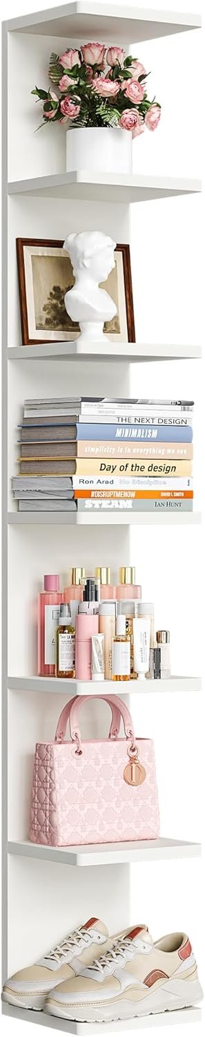 upsimples 7-Tier Floating Wall Shelf, White Wall Mounted Display and Storage Shelf, Decorative Shelves for Bedroom, Living Room, Bathroom, and Office