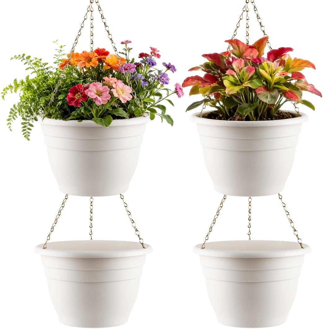 RooTrimmer Hanging Planters 10 Inch, 4 Pcs Flower Pots with Drainage Hole, Self Watering Hanging Basket for Indoor Outdoor Plants, Decor, White