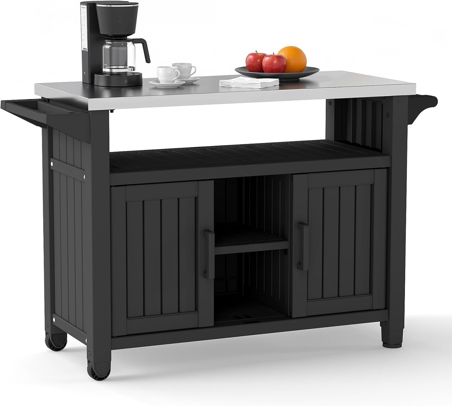EasyUp Outdoor Storage Cabinet,Patio Storage Table, Bar Table with Wheels,Outdoor Bar Cart for Patio, Poolside and Backyard,Classic Black