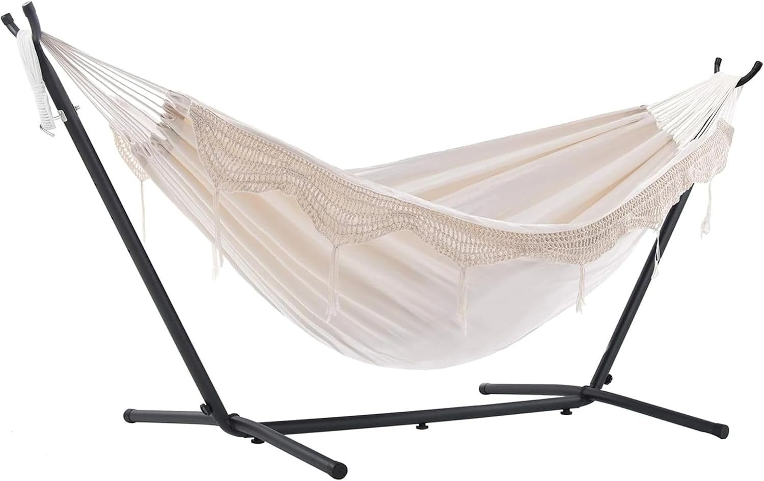 Vivere Double Cotton Hammock with Space Saving Steel Stand, Upgraded Polyester End Strings 450 lb Capacity – Premium Carry Bag Included – USA Grown Cotton (Natural)