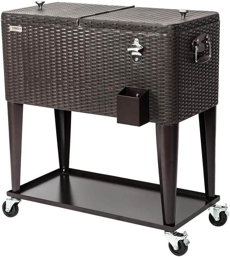 VINGLI 80 Quart Rolling Ice Chest, Portable Patio Party Bar Drink Cooler Cart, with Shelf, Beverage Pool with Bottle Opener (Brown)