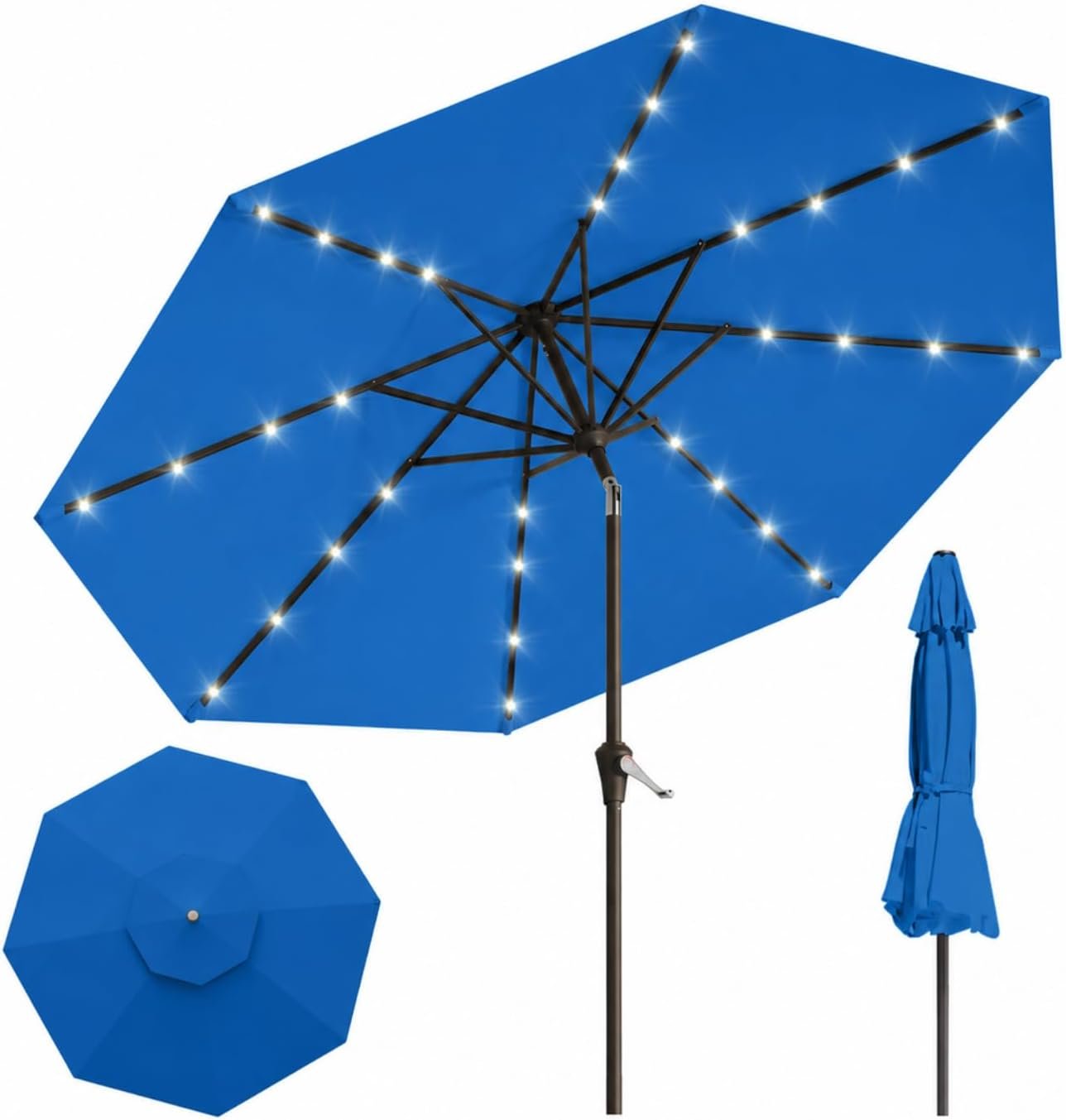 10FT Solar Lighted Patio Umbrella, Outdoor Table Market Umbrellas with Push Button Tilt and Crank, 32 LED Lights, 8 Sturdy Ribs, UV-Resistant for Deck, Garden, Pool, Royal Blue