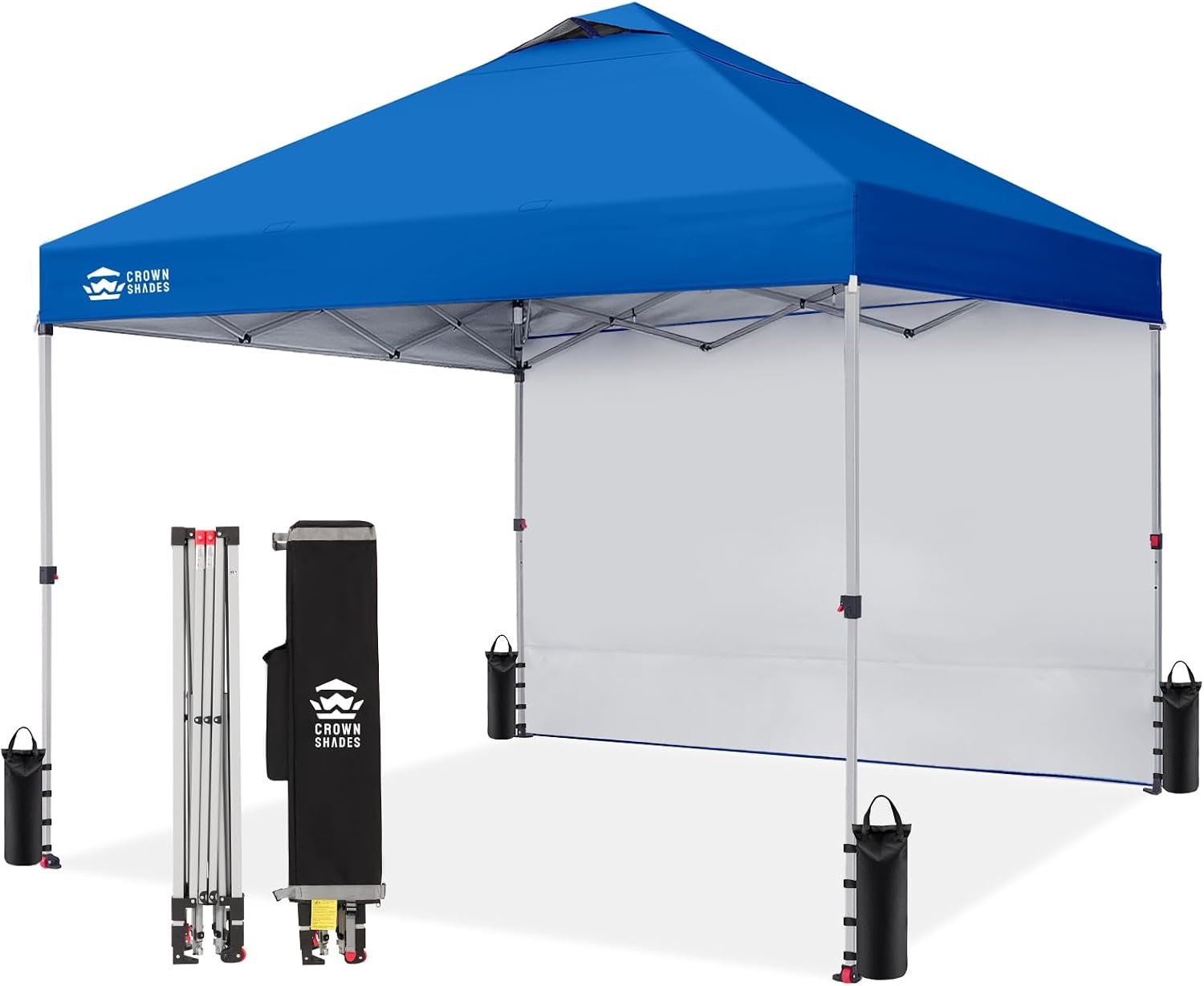 CROWN SHADES 10×10 Pop Up Canopy with 1 Side Wall, Beach Canopy Tent, Blue | One Push Setup Shelter, Outdoor Gazebo & Sun Shade for Events, Parties, Camping, 150D Silver-Coated Fabric, STO-N-Go Bag