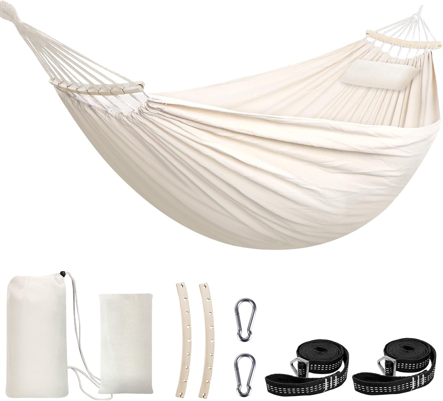 Chihee Cotton Hammock 8.9×4.9ft Holds Up to 660lbs Prevents Side-Tipping | Soft Fabric Tree Hammock Camping with Bag Detachable Spreader Bar Pillow 2 Strong Webbings 2 Carabiners Indoor Outdoor Garden