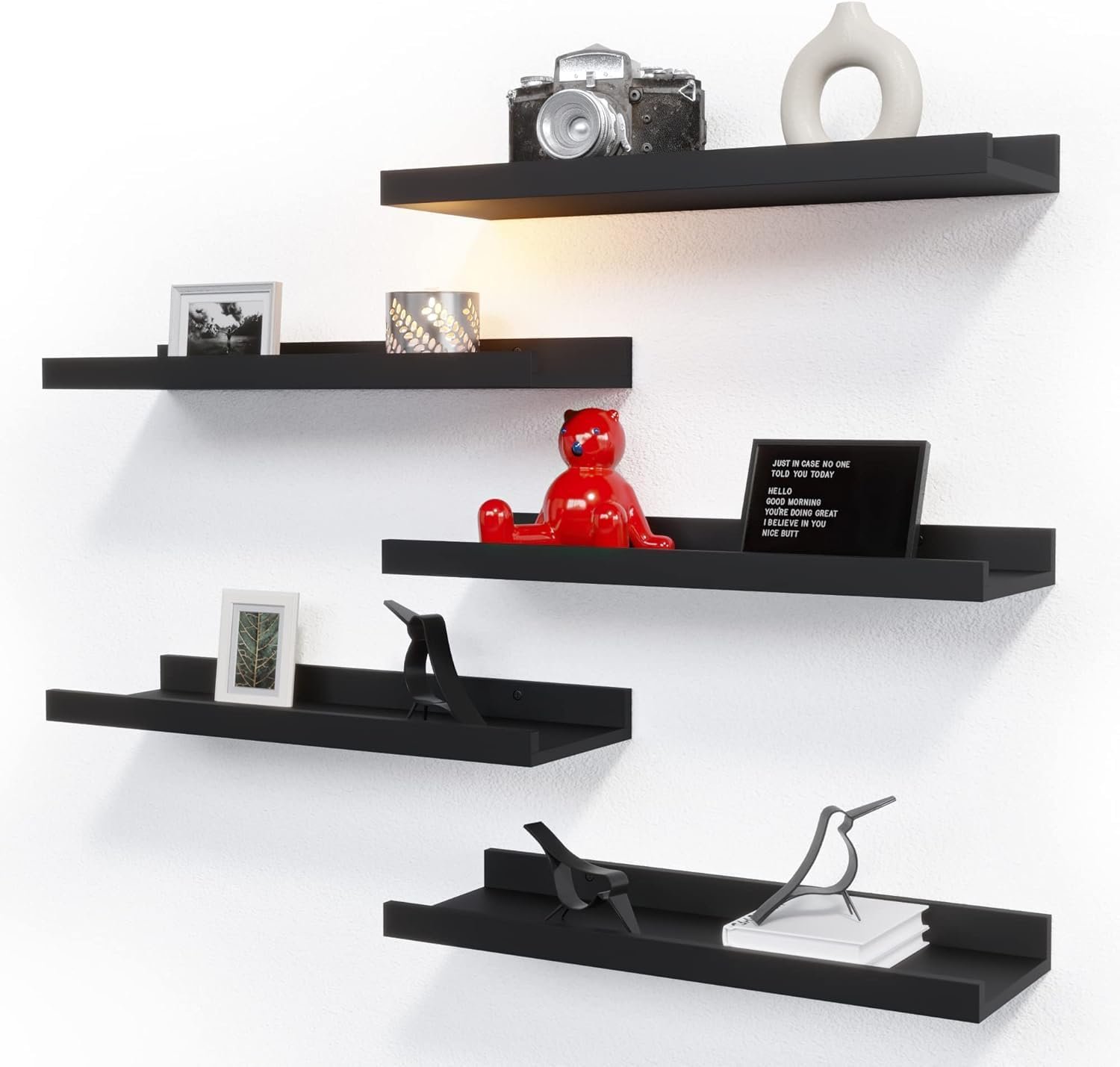 RICHER HOUSE 5 Set Floating Wall Mounted Shelves, Black Shelves for Wall Decor, Modern Picture Ledge Shelf with Lip for Storage, Nursery, Bedroom, Living Room, Bathroom – Black | Display Picture Ledge Shelf, Anti-drop lip Shelf for Room Wall Decor, Bedroom Bathroom Storage Nursery Books, Easy Setup 16in