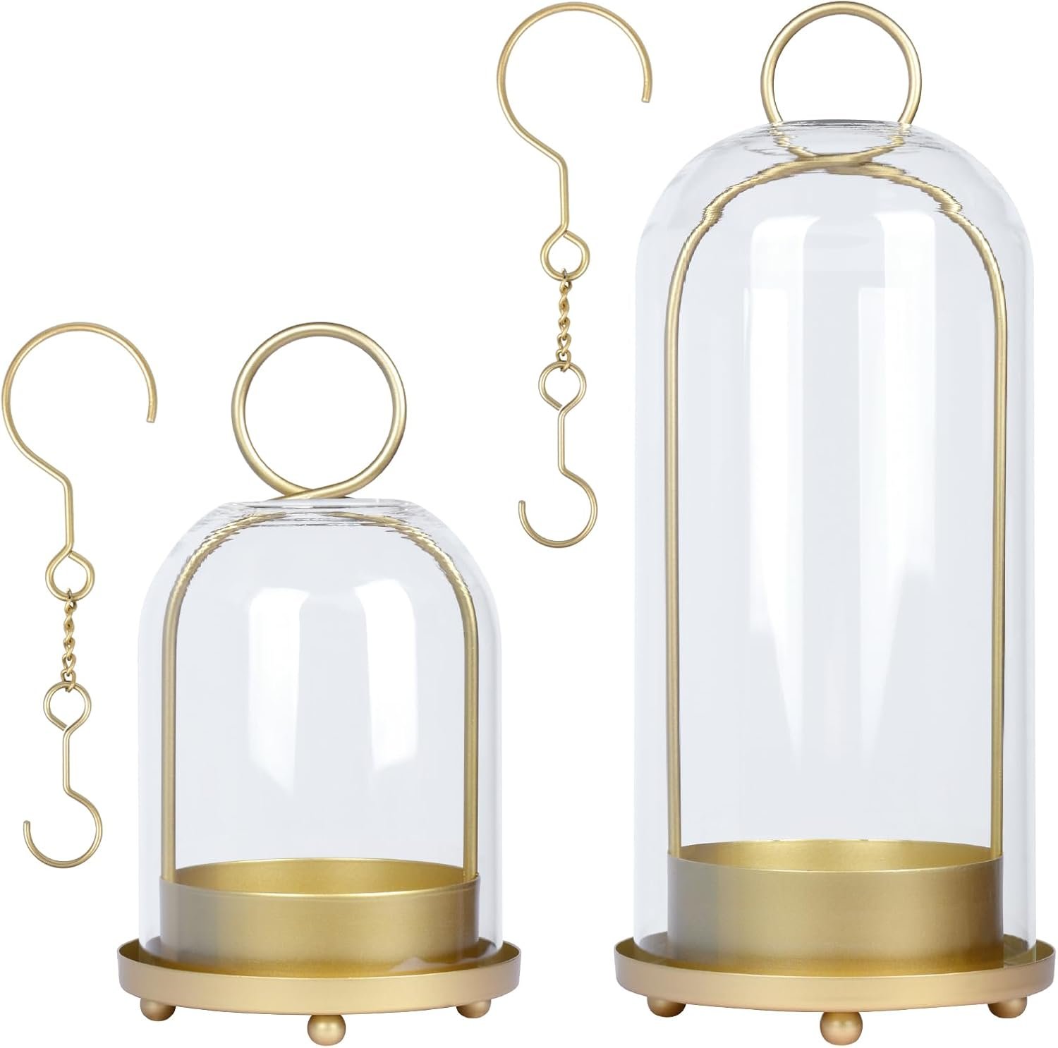 Fohil 5″ & 4″ Hurricane Glass Candle Holders, Set of 2 Metal Candle Holder with Handmade Sturdy Glass Dome, Candle Lantern for Pillar Candles, Plants, Table Centerpiece, Home Decor