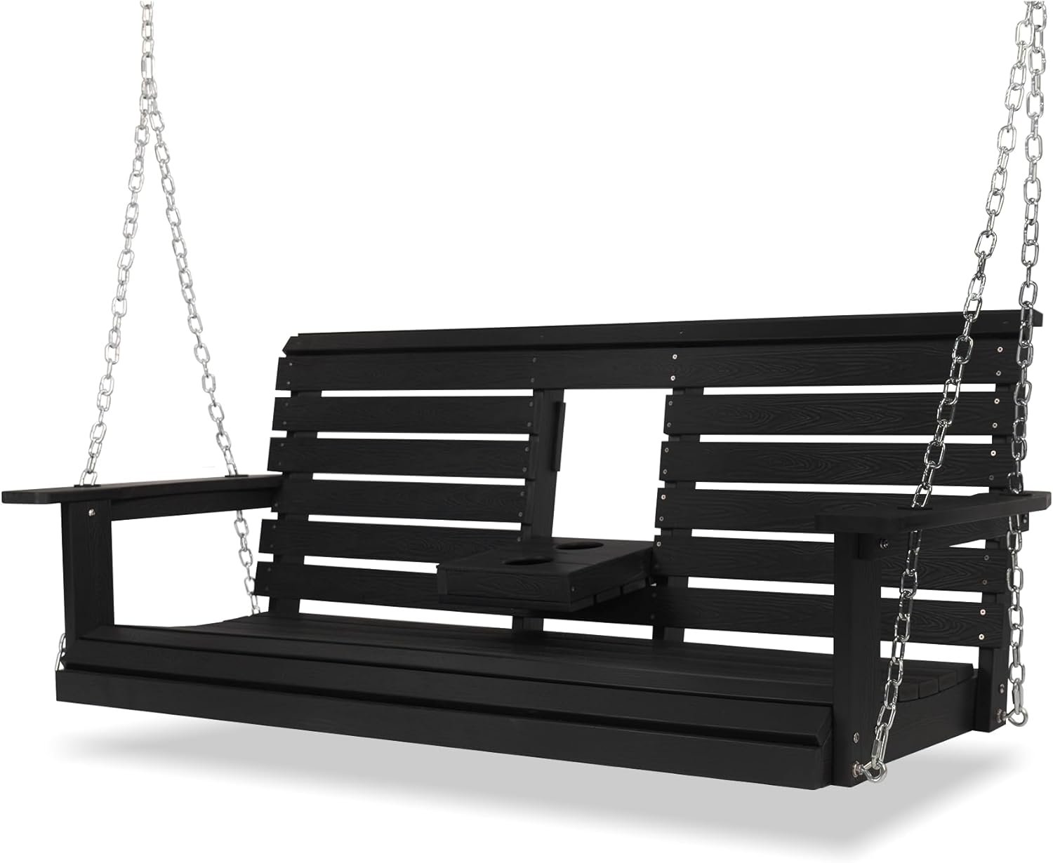 Poly Lumber 3-Seat Porch Swing, HIPS 5-Feet Bench Swing with Foldable Cup Holders,18/8 Stainless Steel Hardware, High Backrest and Deep Contoured Seat, Carbon Black