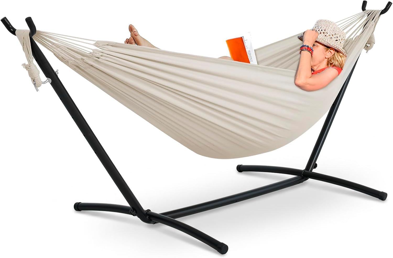 Lazy Daze Portable Hammock with Stand, Free Standing Hammocks for Indoor Outdoor Patio Yard, Has a Carrying Bag and Pillow, 9ft Steel Hamacas Heavy Duty 2 Person Amaca 450 lbs Capacity(White)