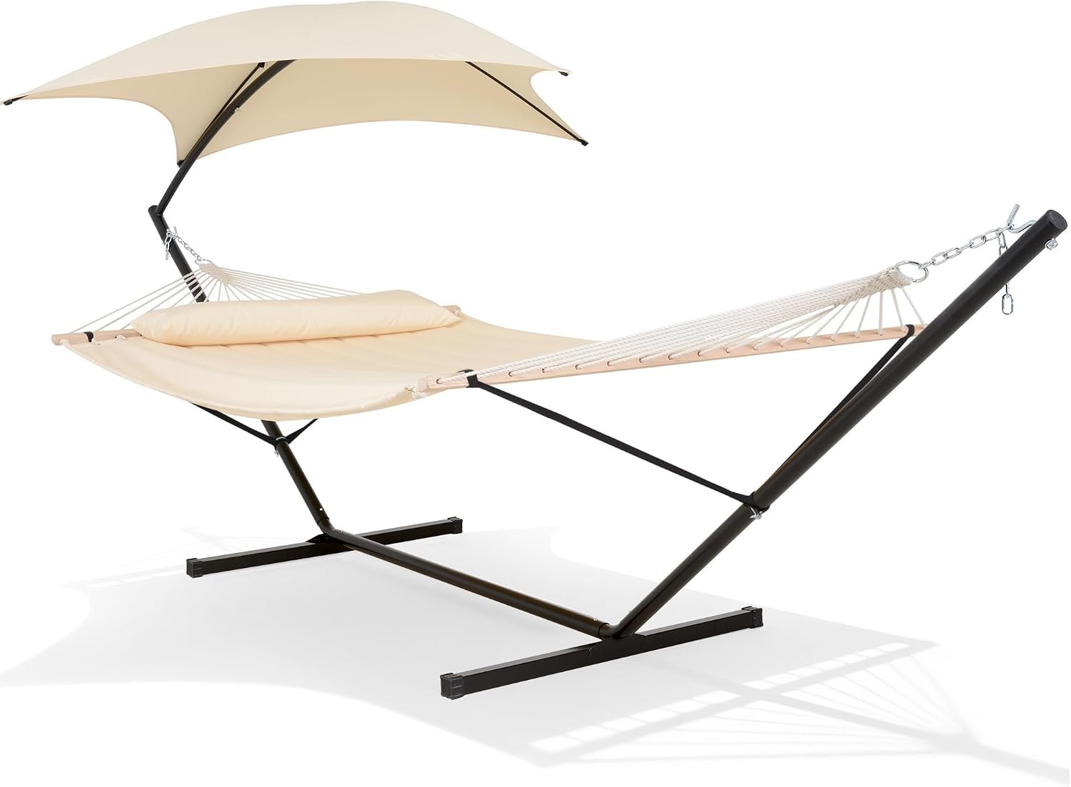 SUNCREAT Portable Outdoor Hammock with Stand, Sun-Protective Canopy, Double Hammock with Stand for Outside, Patent Pending, Beige