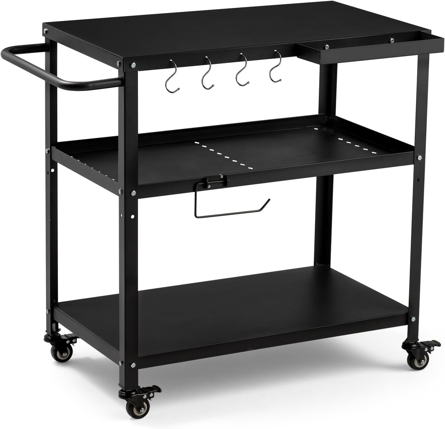 Outdoor Grill Cart Table,Indoor and Outdoor Pizza Oven Table,with 4 Movable Total Lock Casters, Hooks, Side Handle Multifunctional (Black) (Black)
