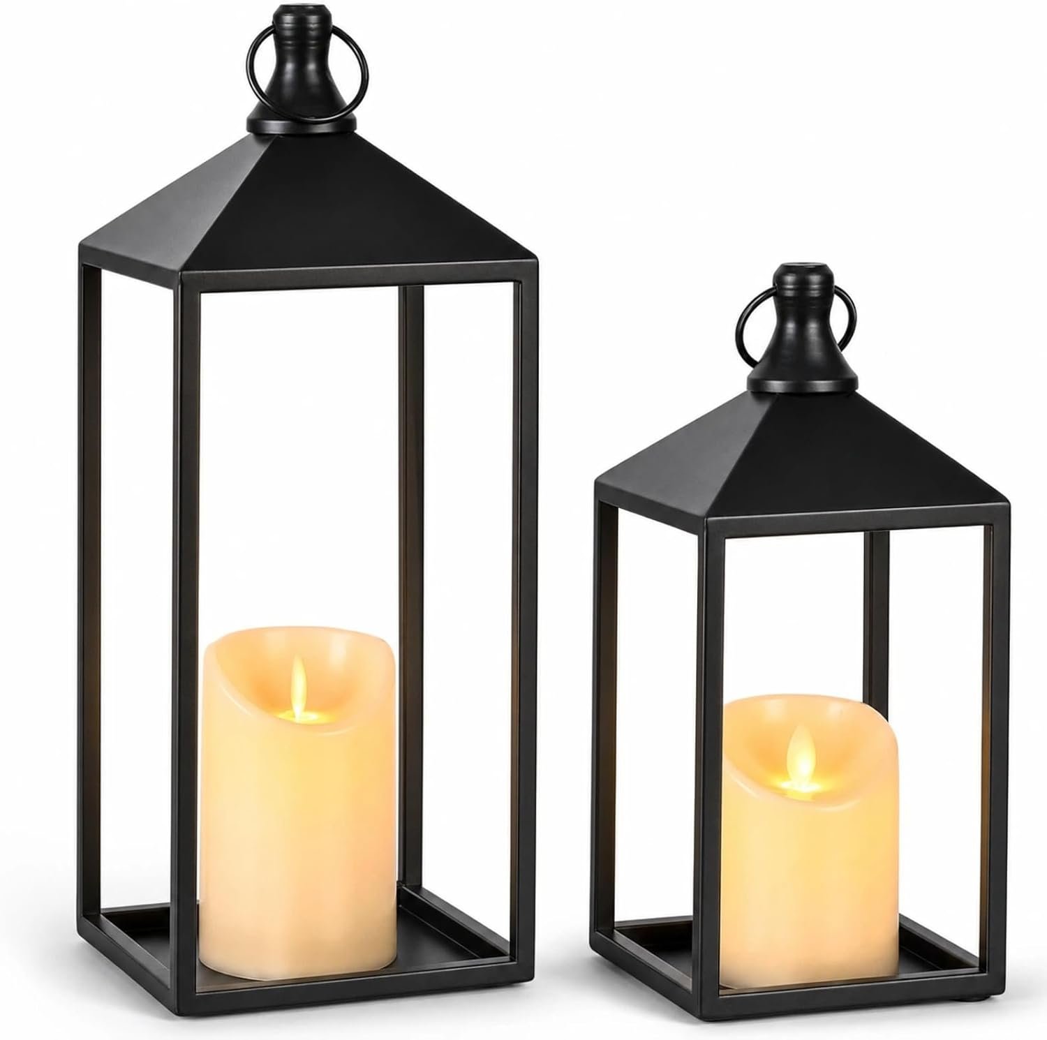 2 Pcs Black Decorative Metal Lanterns Farmhouse Lantern Decor with Candles | Outdoor Candle Lanterns for Patio, Porch, Fireplace Mantel, Table Centerpiece, No Glass Lantern Decor