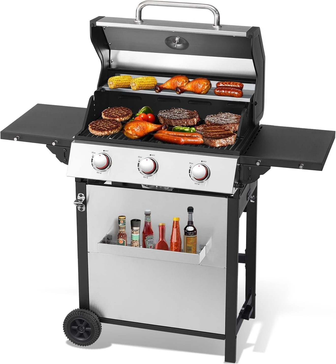 3 Burner Propane Gas Grill, Stainless Steel Cabinet with Side Table & Full-Size Grease Tray, BBQ Grills with Thermometer for Outdoor Cooking, Patio, BBQ