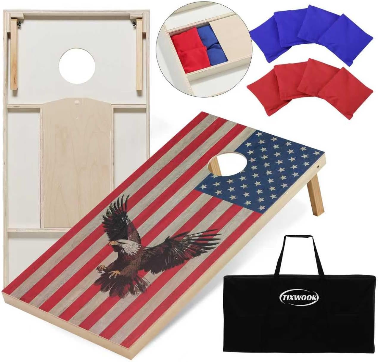 Regulation Cornhole Board Set with Storage Capability, 4 x 2 ft Solid Wood Cornhole Game Set with 8 Bean Bags and 2 Cornhole Board, Premium Corn Hole Game for Adults and Family (American Flag)