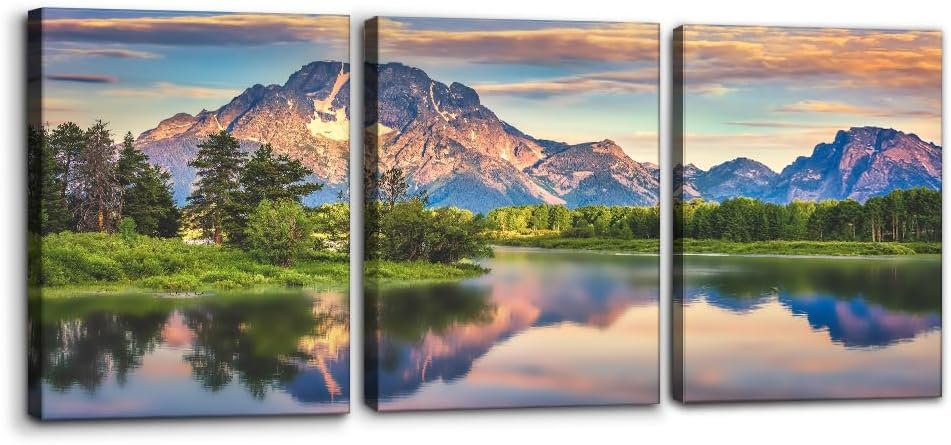 Pacimo Nature Canvas Wall Art Sunset Sunrise Mountain Pictures Grand Teton National Park Canvas Print River Forest Landscape Artwork for Living Room Bedroom Home Office Wall Decoration – 12″x16″x3