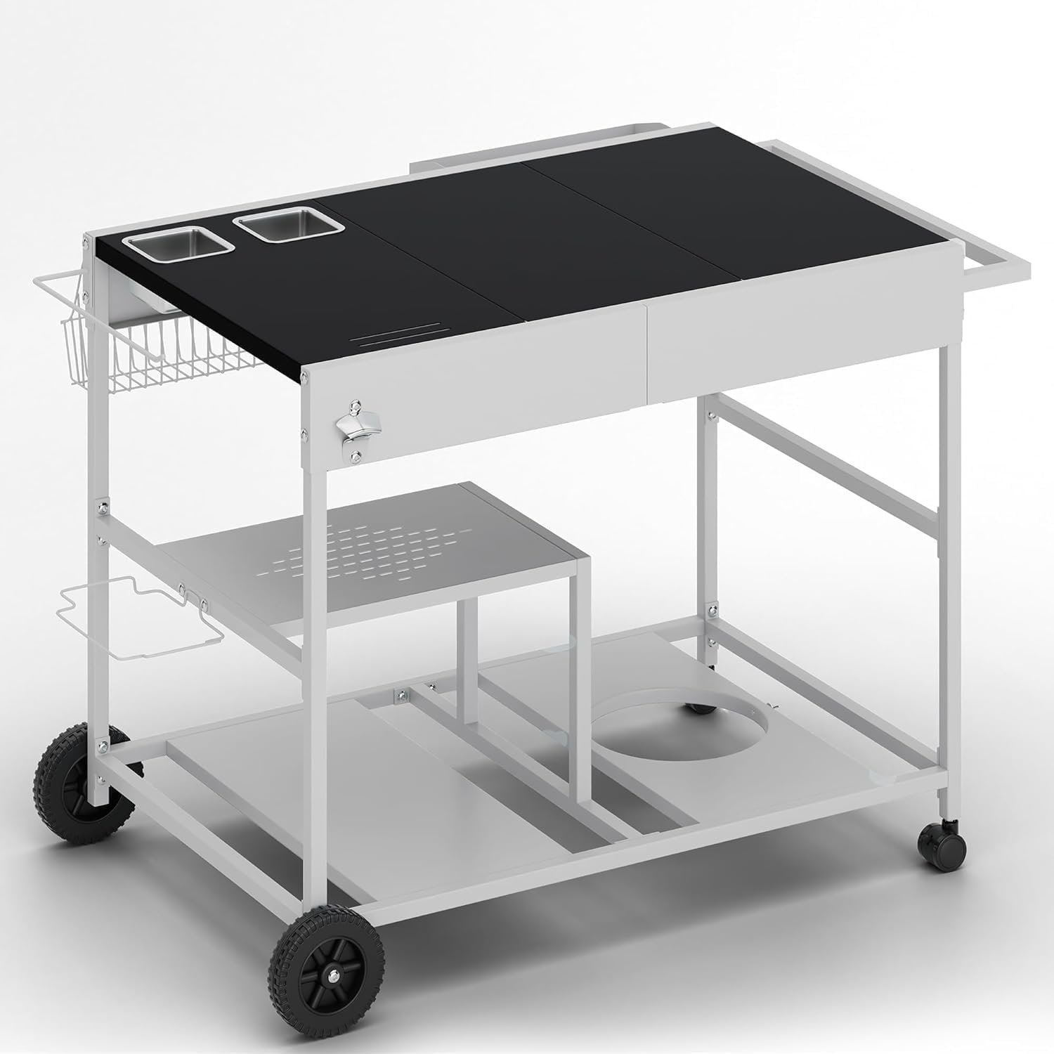 24″x37″ Outdoor Tabletop Grill Table Stand, Pizza Oven Cart Table with Topping Station and Wheels, Movable Food Prep Workcart Fits for Ninja Blackstone Woodfire Grill
