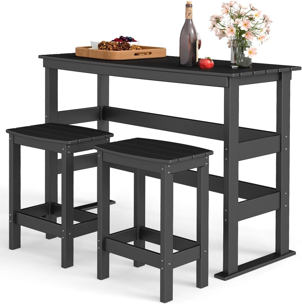 GREENVINES Outdoor-Bar-Set | HDPE Plastic | 3-Piece | 37″ Counter Height Patio Table & 2 Backless Stools | Rectangle | High Top | All Weather | for Backyard Balcony Poolside | Black