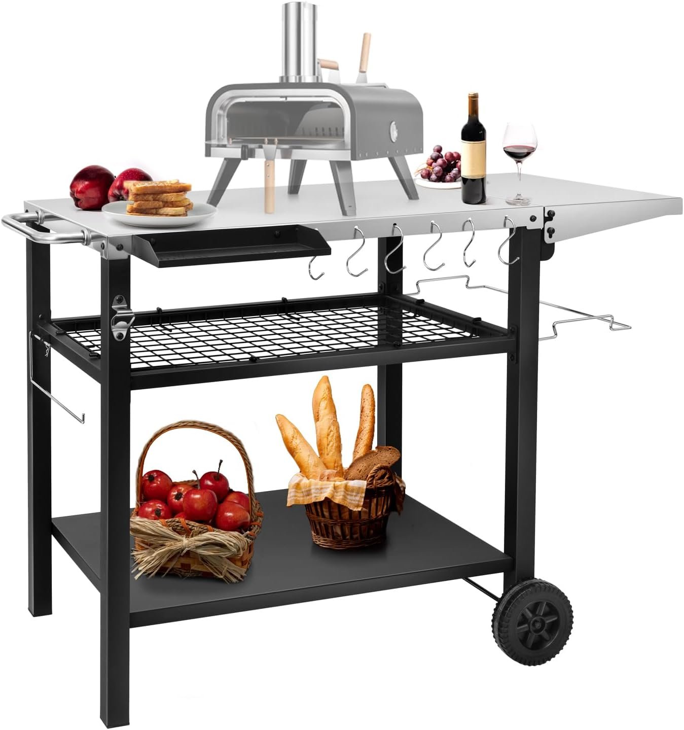 Outdoor Grill Cart Pizza Oven Stand, Three-Shelf Stainless Steel Food Prep Table Patio BBQ Grill Table Bar Cart Kitchen Island with Wheels